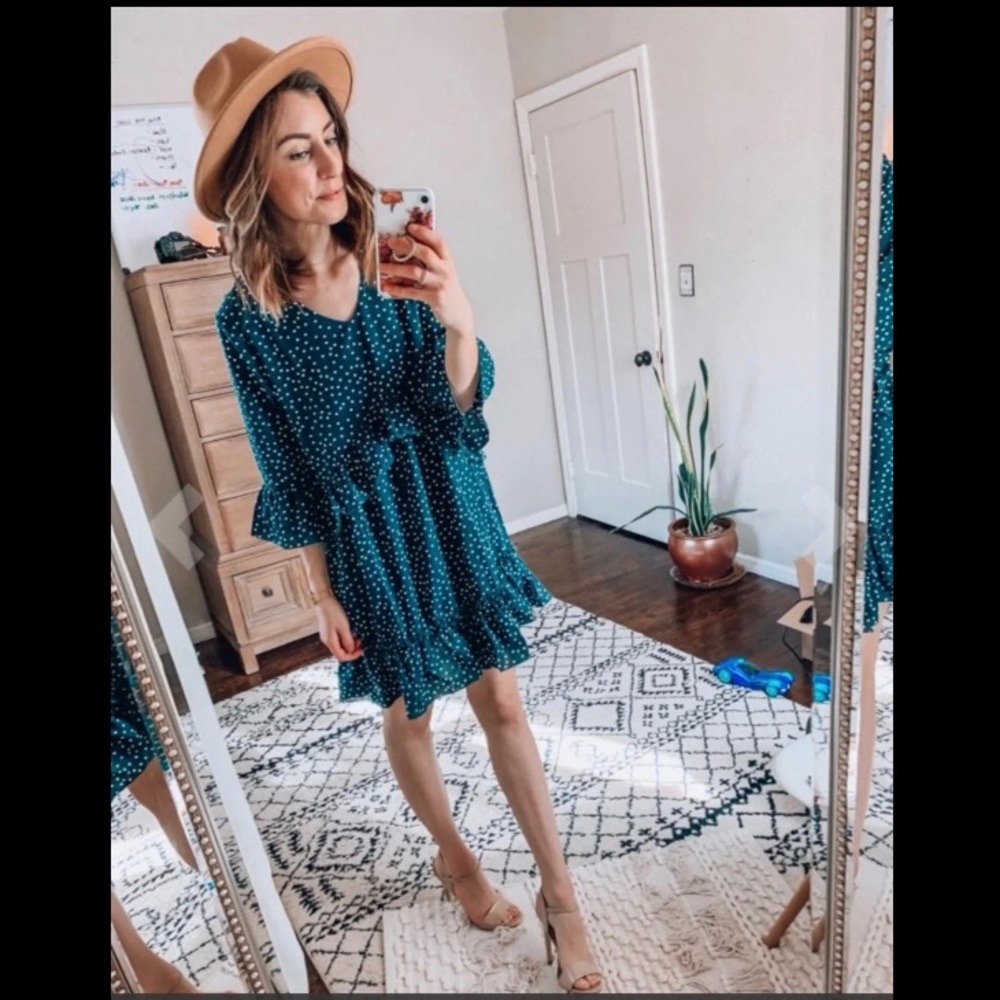 Green polka dot v-neck ruffle swing dress